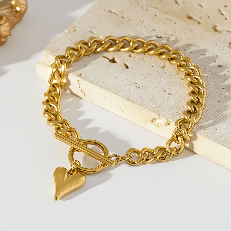 Stylish Stainless Steel Cuban Link Heart-Shaped Pendant Bracelet